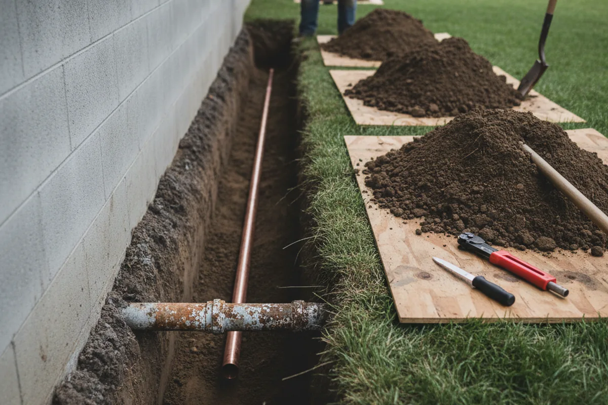 Excavated water line trench during Water Softener Installation in Bessie